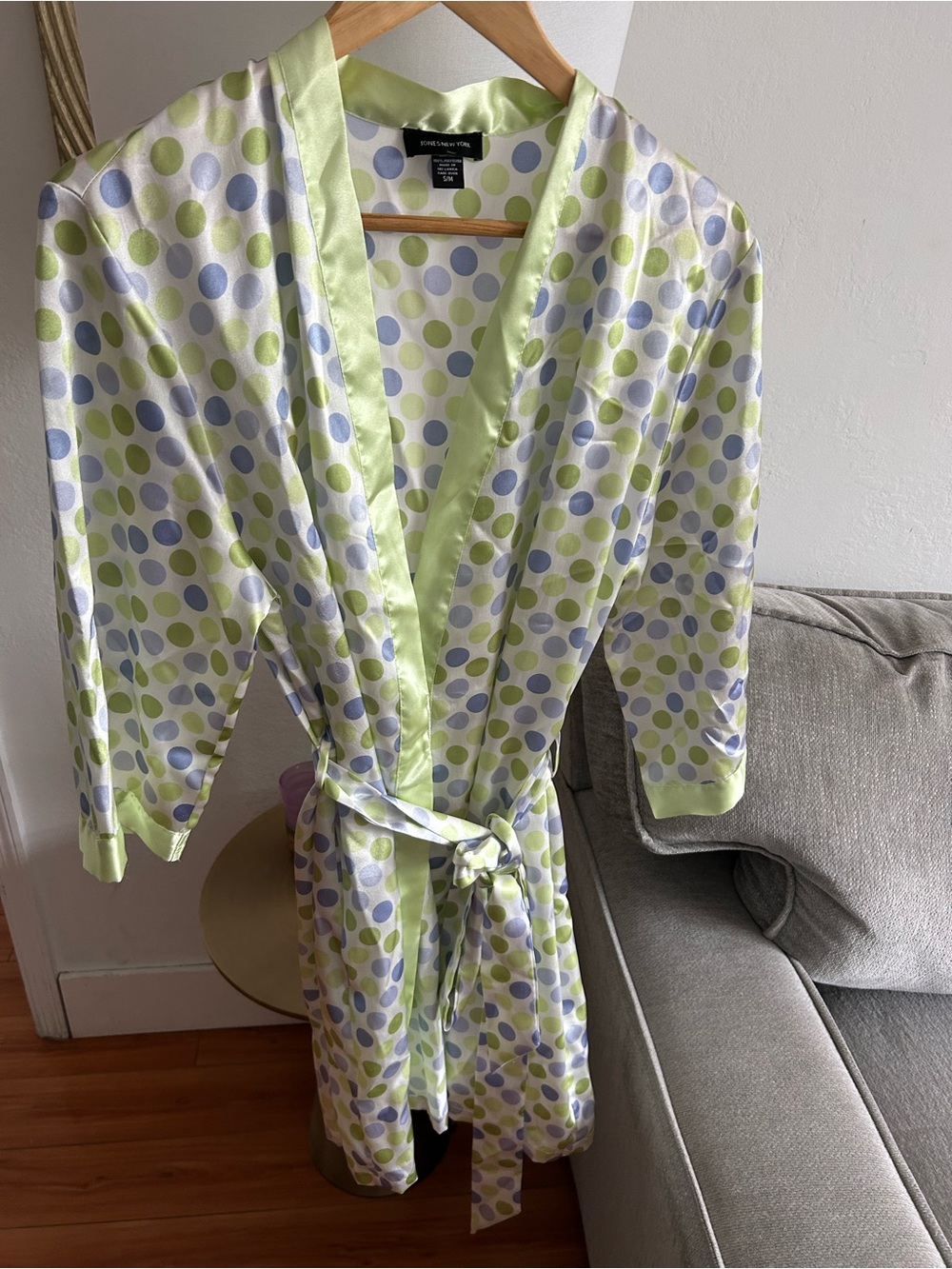 Jones New York Robe Womens  Green Polka  Dots Sateen Kimono Short Romantic S/M